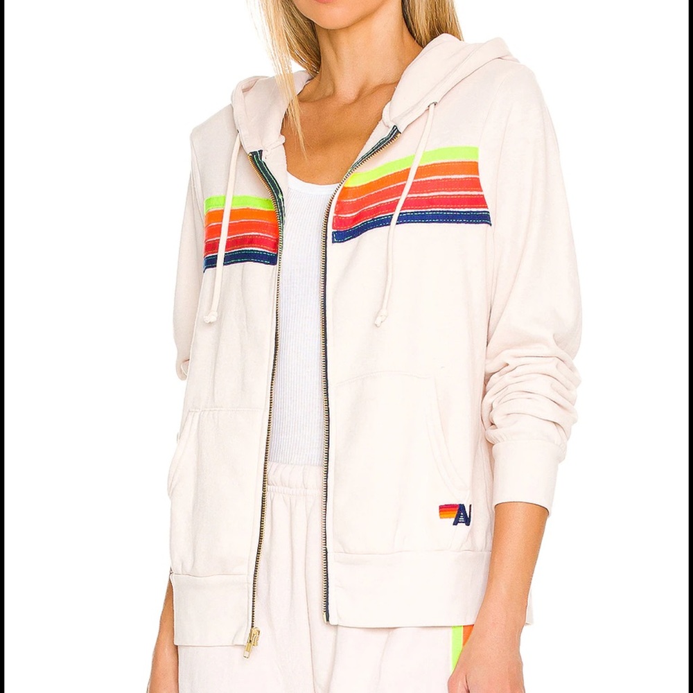 Aviator Nation Zip-Up Hoodie- 5 Stripe Zip Hoodie in Almond & Neon Rainbow Blue